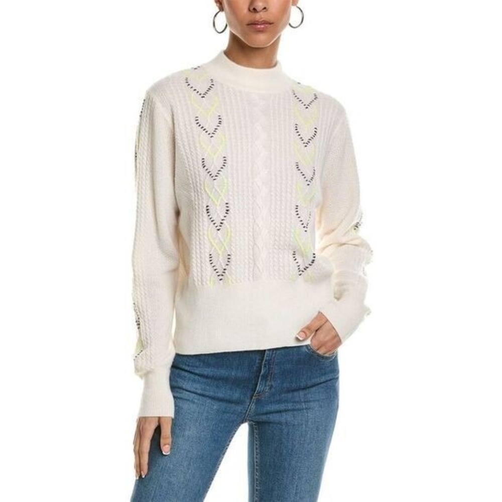 Brodie Cashmere Skylah  Sweater Cream Cable Knit Sweater Whipstitch Mock Small